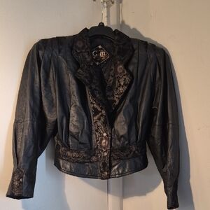 Vintage Black Leather Jacket with Floral Accents